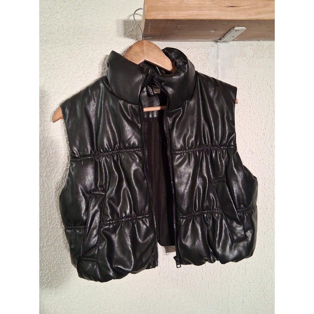 H&M Down Insulated Puffer Vest  Faux Leather Zipper Black Size Small Layering